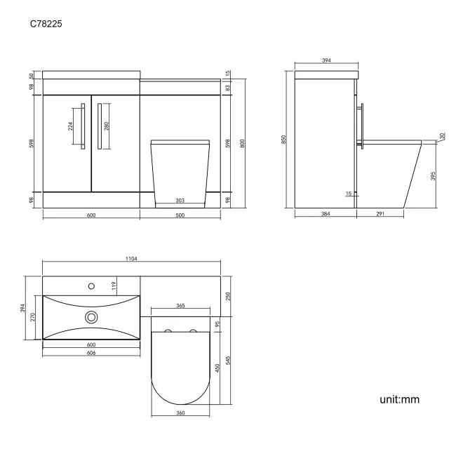 Avon Gloss White Combination Vanity Basin and Boston Toilet 1100mm - Black Accents
