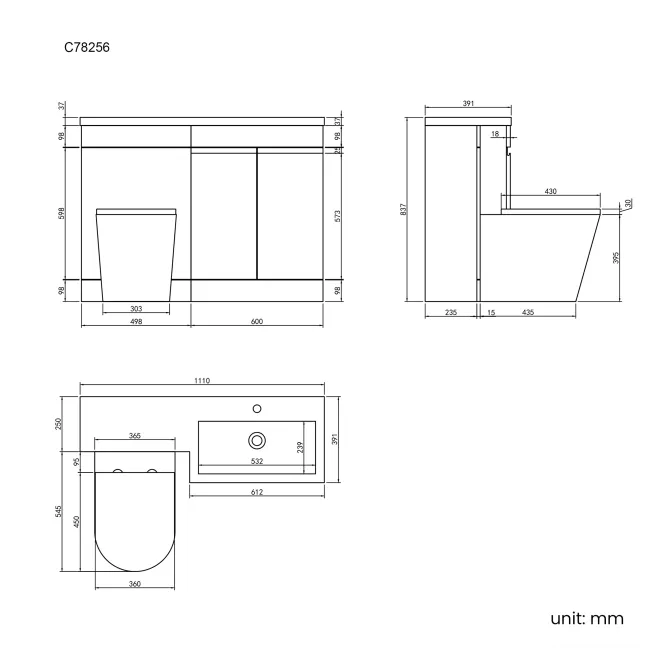 Trent Stone Grey Combination Vanity Basin and Boston Toilet 1100mm - Right Handed