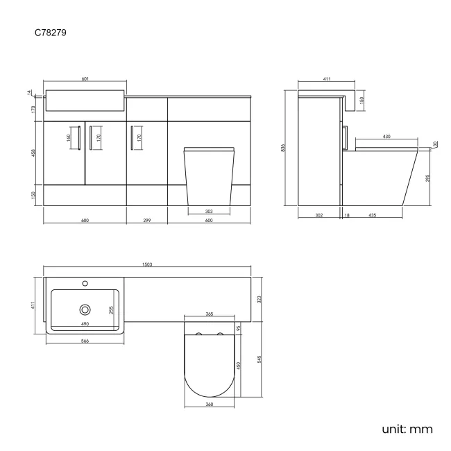 Harper Stone Grey Combination Vanity Basin with Marble Top & Boston Toilet 1500mm