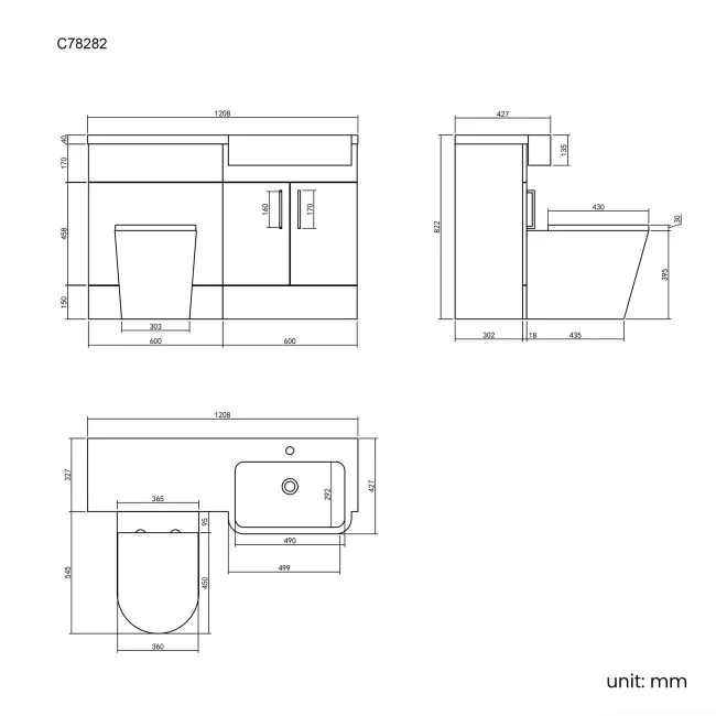 Harper Stone Grey Combination Vanity Basin and Boston Toilet 1200mm - Black Accents - Right Handed
