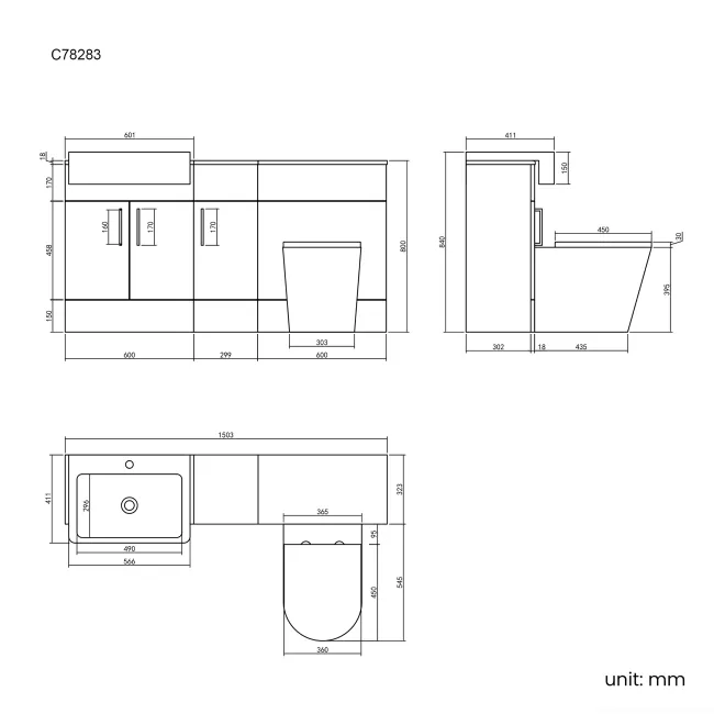 Harper Stone Grey Combination Vanity Basin and Boston Toilet 1500mm - Black Accents