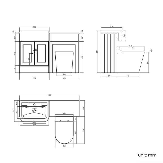Monaco Dove Grey Combination Vanity Traditional Basin and Boston Toilet 1200mm