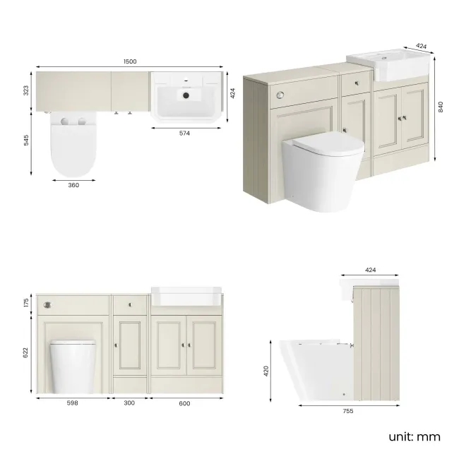 Monaco Chalk White Combination Vanity Traditional Basin and Boston Toilet 1500mm