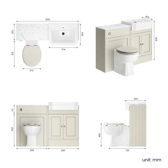 Monaco Chalk White Combination Vanity Traditional Basin with Marble Top & Hudson Toilet with Wooden Seat 1200mm