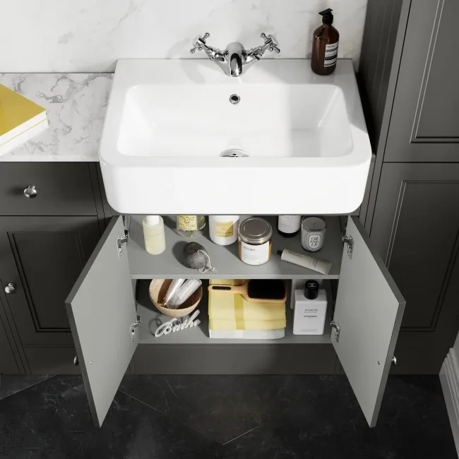 Monaco Graphite Grey Combination Vanity Basin with Marble Top and Hudson Toilet with Wooden Seat 1500mm