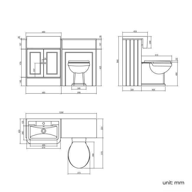 Monaco Graphite Grey Combination Vanity Traditional Basin and Hudson Toilet with Wooden Seat 1200mm