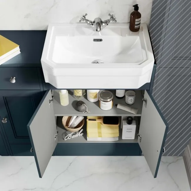 Monaco Inky Blue Combination Vanity Traditional Basin and Hudson Toilet with Wooden Seat 1500mm