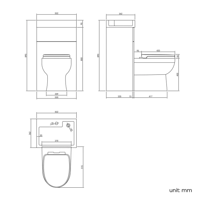 Ohio Stone Grey 2-In-1 Combined Wash Basin & Seattle Toilet 500mm