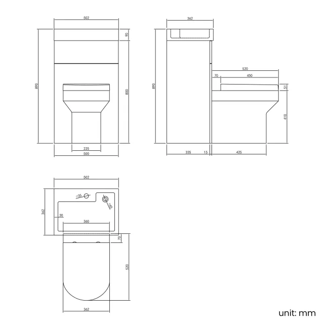Ohio Stone Grey 2-In-1 Combined Wash Basin & Denver Toilet 500mm