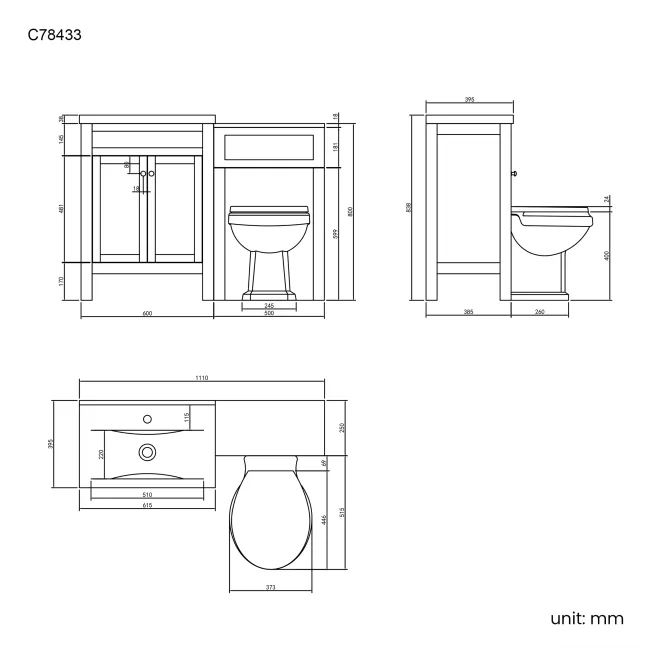 Bermuda Chalk White Combination Vanity Basin and Hudson Toilet with Wooden Seat 1100mm