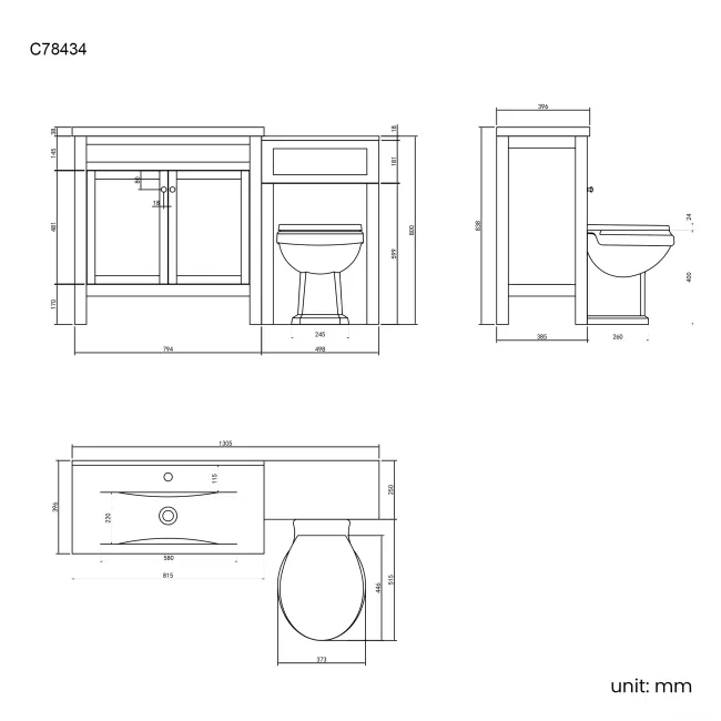 Bermuda Chalk White Combination Vanity Basin and Hudson Toilet with Wooden Seat 1300mm