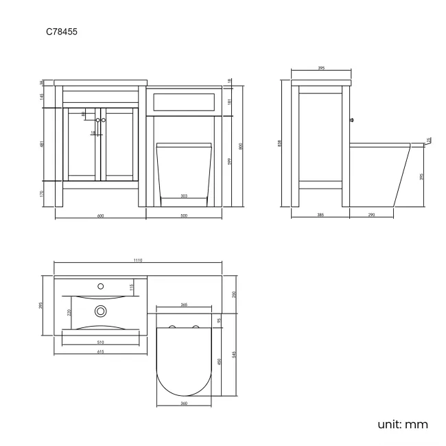 Bermuda Inky Blue Combination Vanity Basin and Boston Toilet 1100mm