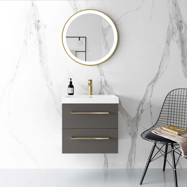 Elba Graphite Grey Wall Hung Basin Drawer Vanity 500mm - Brushed Brass Accents