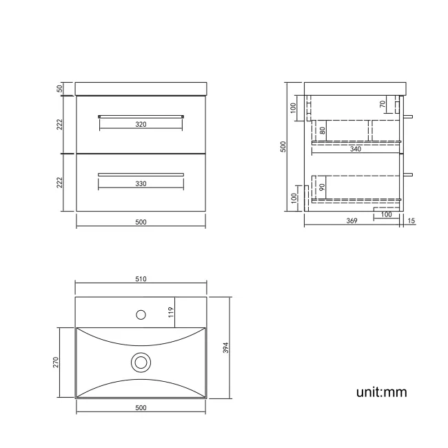 Elba Graphite Grey Wall Hung Basin Drawer Vanity 500mm - Brushed Brass Accents