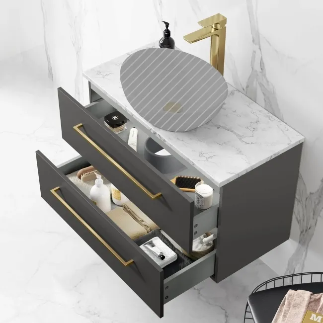 Elba Graphite Grey Wall Hung Drawer 800mm Excludes Counter Top Basin - Brushed Brass Accents