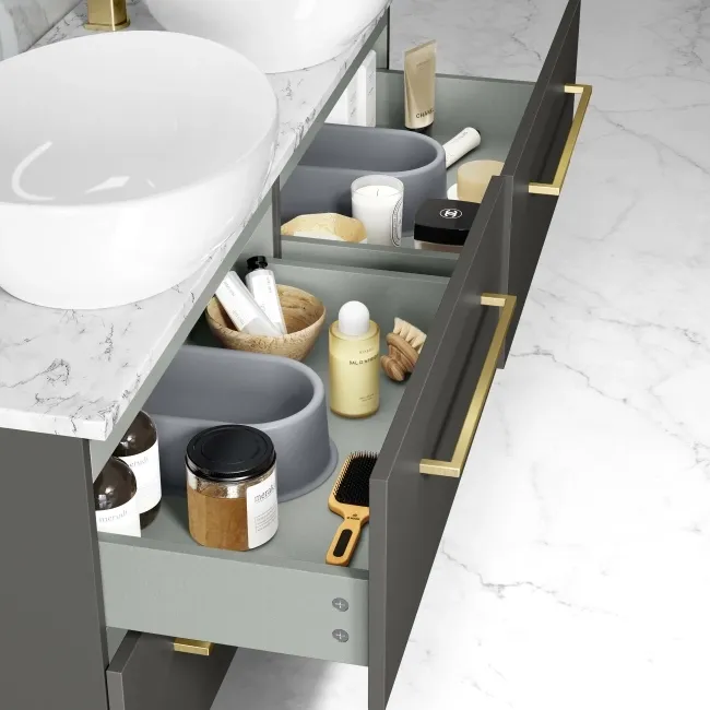 Elba Graphite Grey Double Wall Hung Drawer Vanity with Marble Top & Oval Basin 1200mm - Brushed Brass Accents