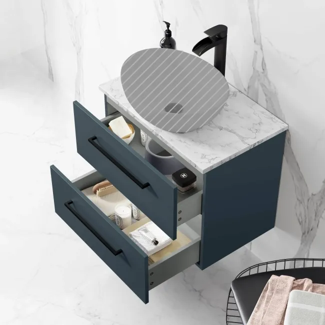 Elba Inky Blue Wall Hung Drawer 600mm Excludes Counter Top Basin - Black Accents