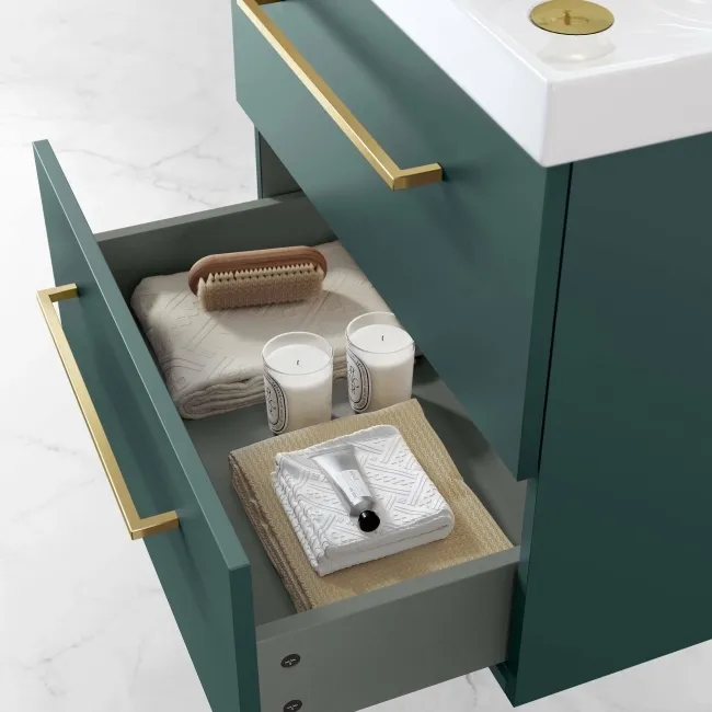 Elba Midnight Green Wall Hung Basin Drawer Vanity 600mm - Brushed Brass Accents
