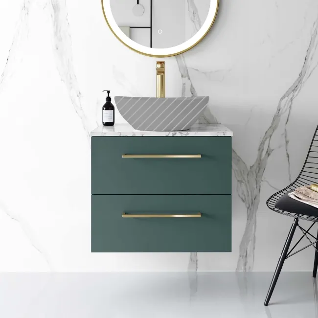 Elba Midnight Green Wall Hung Drawer 600mm Excludes Counter Top Basin - Brushed Brass Accents