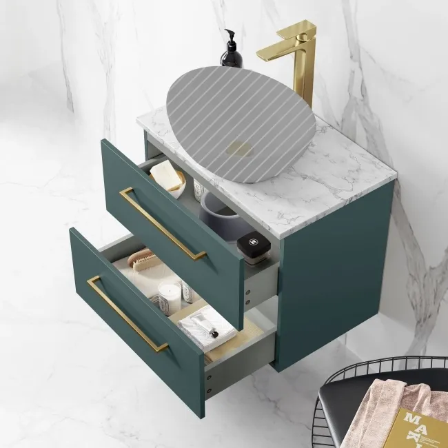 Elba Midnight Green Wall Hung Drawer 600mm Excludes Counter Top Basin - Brushed Brass Accents