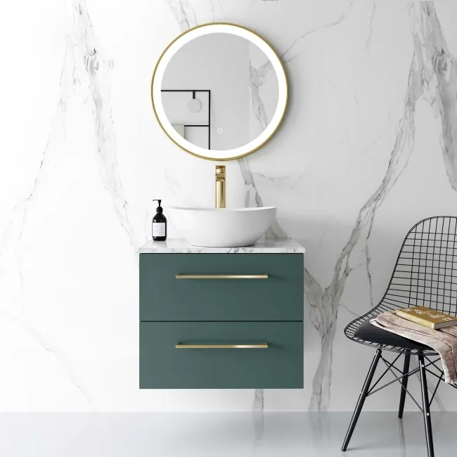 Elba Midnight Green Wall Hung Drawer Vanity with Marble Top & Oval Counter Top Basin 600mm - Brushed Brass Accents