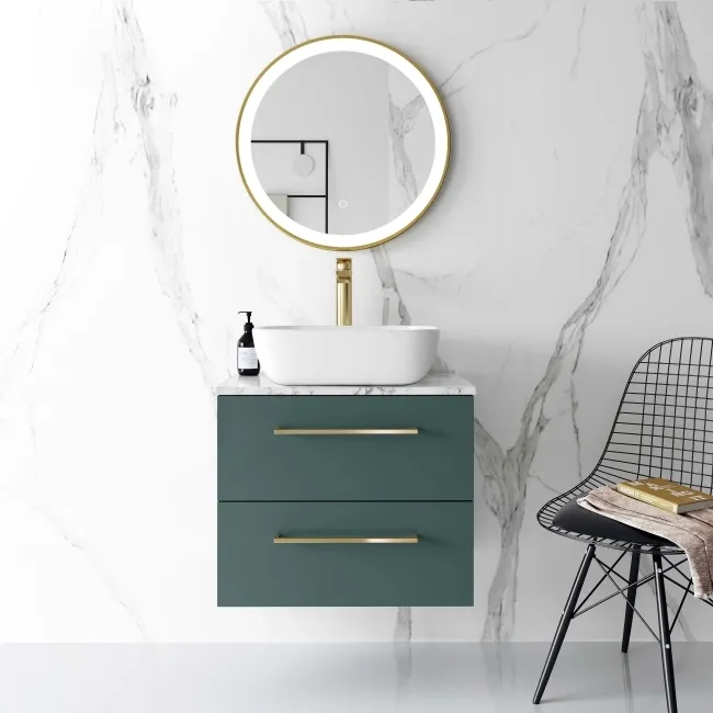 Elba Midnight Green Wall Hung Drawer Vanity with Marble Top & Curved Counter Top Basin 600mm - Brushed Brass Accents