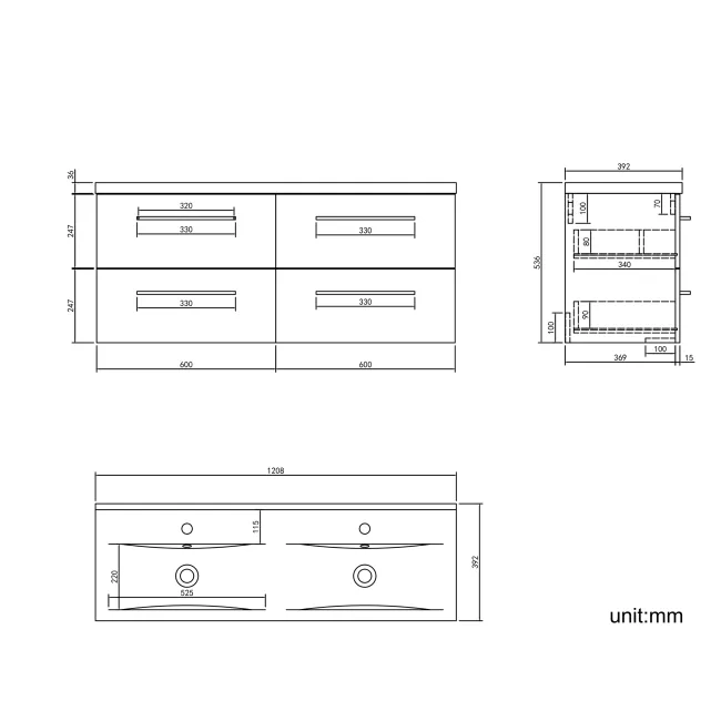 Elba Midnight Green Wall Hung Double Basin Drawer Vanity 1200mm - Brushed Brass Accents