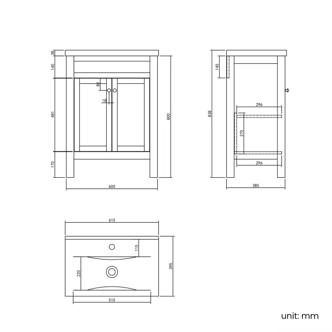 Bermuda Dove Grey Basin Vanity 600mm - Brushed Brass Accents