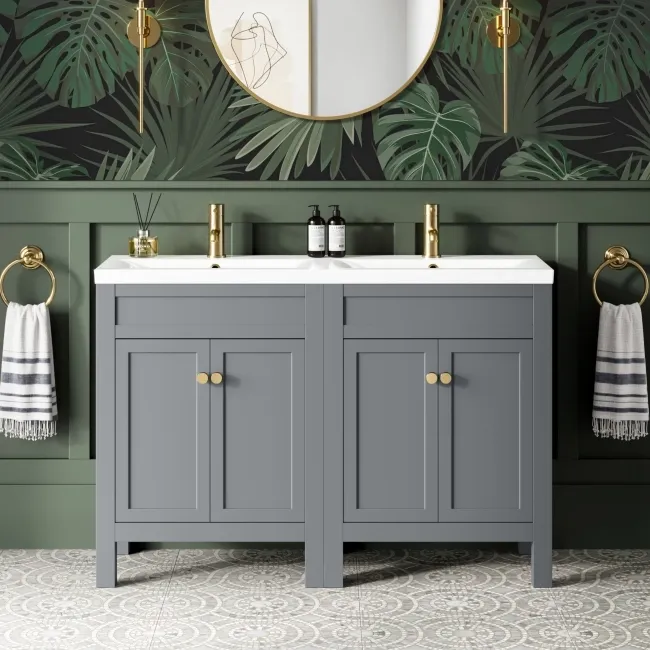 Bermuda Dove Grey Double Basin Vanity 1200mm - Brushed Brass Accents