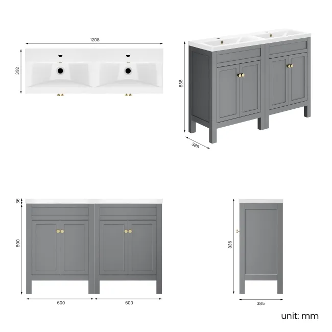 Bermuda Dove Grey Double Basin Vanity 1200mm - Brushed Brass Accents