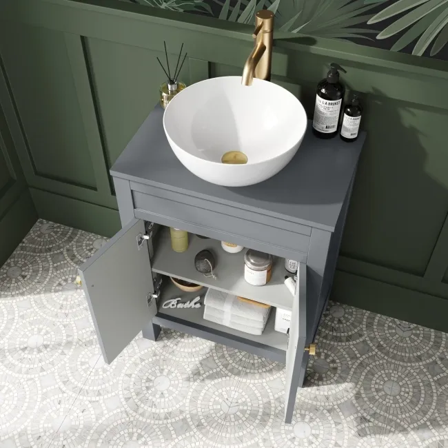 Bermuda Dove Grey Vanity with Round Counter Top Basin 600mm - Brushed Brass Accents