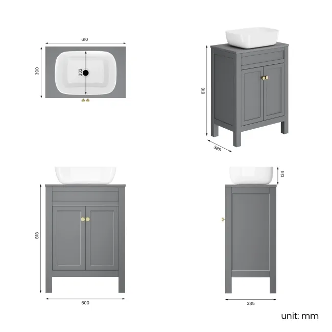 Bermuda Dove Grey Vanity with Curved Counter Top Basin 600mm - Brushed Brass Accents