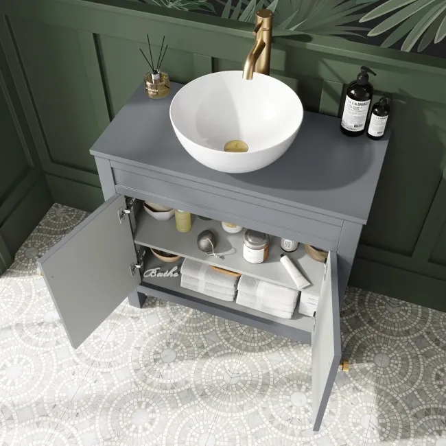 Bermuda Dove Grey Vanity with Round Counter Top Basin 800mm - Brushed Brass Accents