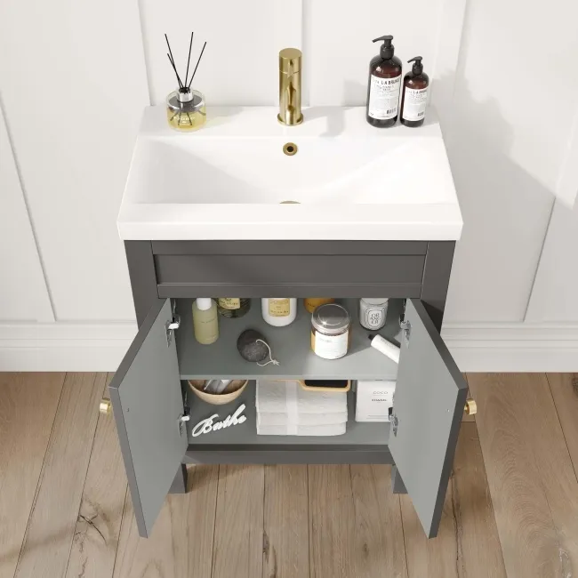 Bermuda Graphite Grey Basin Vanity 600mm - Brushed Brass Accents