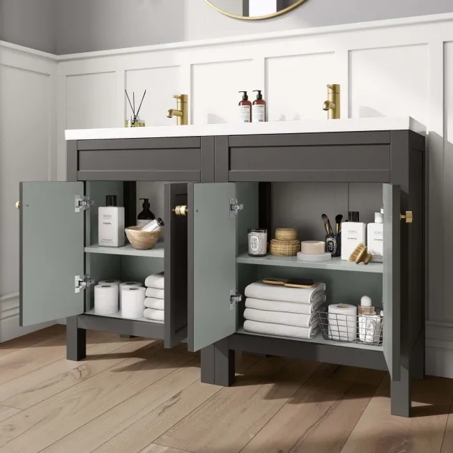 Bermuda Graphite Grey Double Basin Vanity 1200mm - Brushed Brass Accents