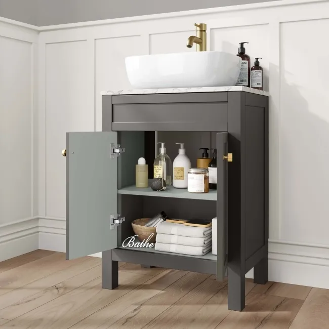 Bermuda Graphite Grey Vanity with Marble Top & Curved Counter Top Basin 600mm - Brushed Brass Accents