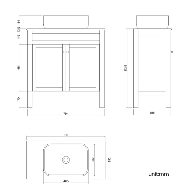 Bermuda Graphite Grey Vanity with Marble Top & Curved Counter Top Basin 800mm - Brushed Brass Accents