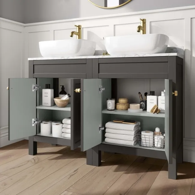 Bermuda Graphite Grey Vanity with Marble Top & Curved Counter Top Basin 1200mm - Brushed Brass Accents