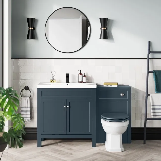 Bermuda Inky Blue Combination Vanity Basin and Hudson Toilet with Wooden Seat 1300mm