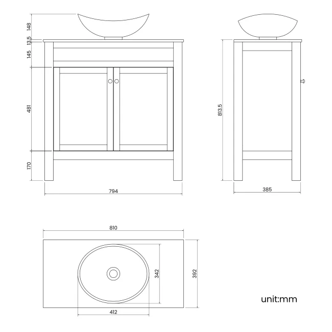Bermuda Inky Blue Vanity with Marble Top & Oval Counter Top Basin 800mm - Brushed Brass Accents