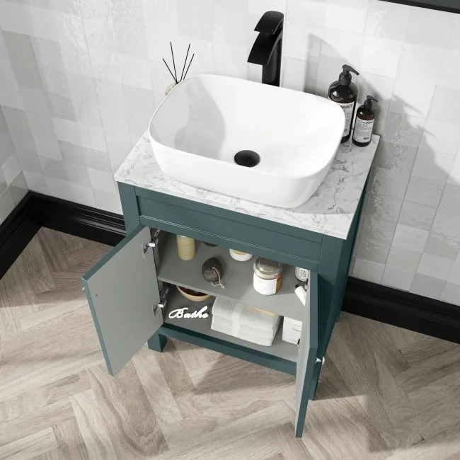 Bermuda Midnight Green Vanity with Marble Top & Curved Counter Top Basin 600mm