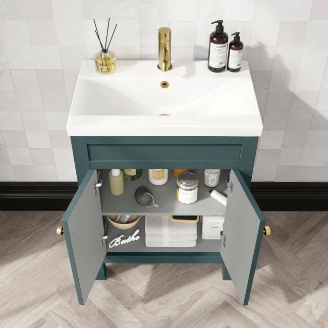 Bermuda Midnight Green Basin Vanity 600mm - Brushed Brass Accents