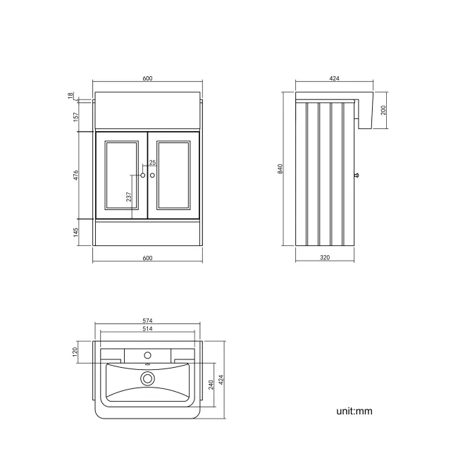 Monaco Chalk White Traditional Basin Vanity 600mm - Brushed Brass Accents