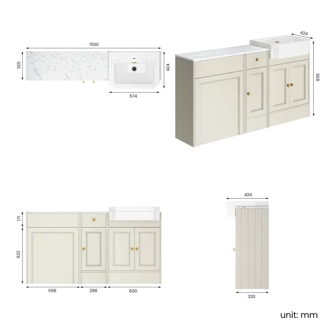 Monaco Chalk White Combination Vanity Traditional Basin with Marble Top 1500mm (Excludes Pan & Cistern) - Brushed Brass Accents