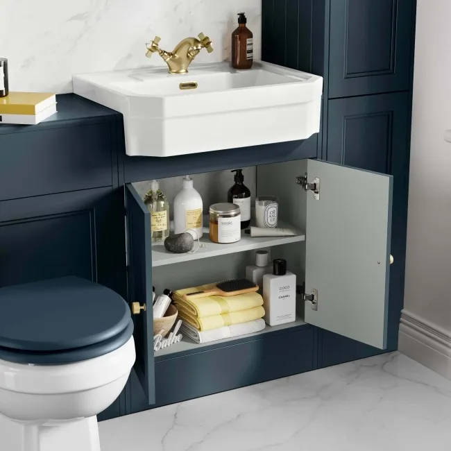 Monaco Inky Blue Traditional Basin Vanity 600mm - Brushed Brass Accents
