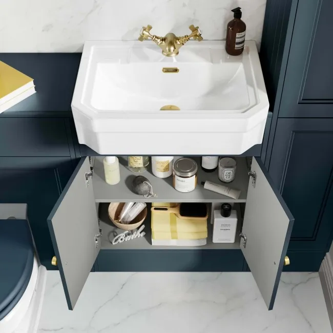 Monaco Inky Blue Traditional Basin Vanity 600mm - Brushed Brass Accents