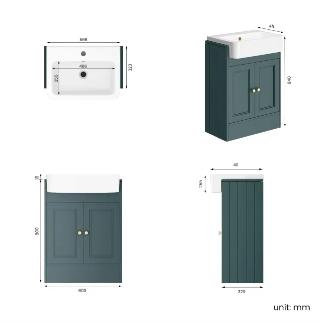 Monaco Midnight Green Basin Vanity 600mm - Brushed Brass Accents