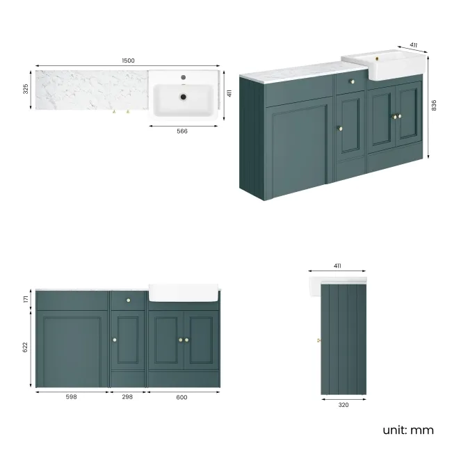Monaco Midnight Green Combination Vanity Basin with Marble Top 1500mm (Excludes Pan & Cistern) - Brushed Brass Accents