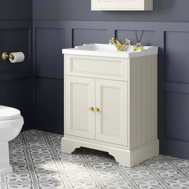 Lucia Chalk White Basin Vanity 630mm - Brushed Brass Accents