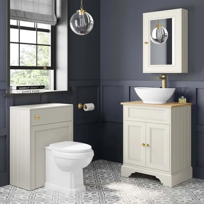 Lucia Chalk White Vanity with Oak Effect Top & Oval Counter Top Basin 640mm - Brushed Brass Accents